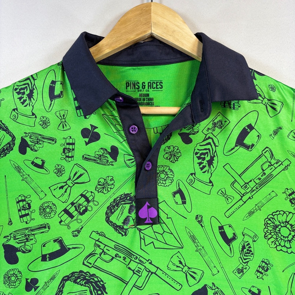 Pins & Aces Joker Polo Mens Medium Green Golf Shirt Performance DC Comics EUC